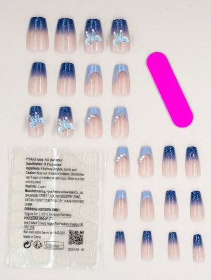 24PCS Blue French Press-On Nails – 3D Butterfly Design – Square Shape – Glitter