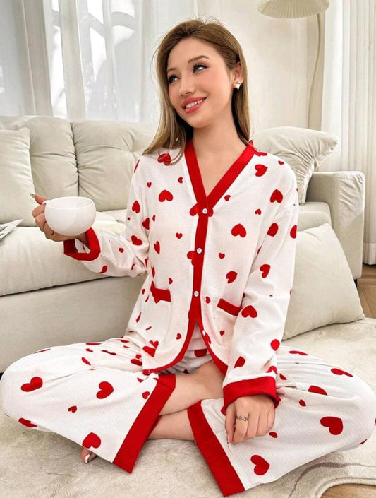 2-Piece Women’s Cotton Pajama Set – White with Red Heart Print – Long Sleeve Top