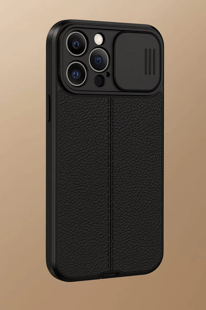 جراب هاتف محمول من الجلد الصناعي - أسود مع غطاء منزلق للكاميرا