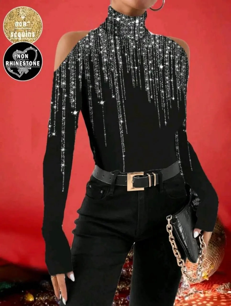 Women’s One-Shoulder High Neck Sequin Fringe Top – Black