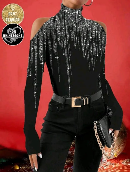 Women’s One-Shoulder High Neck Sequin Fringe Top – Black