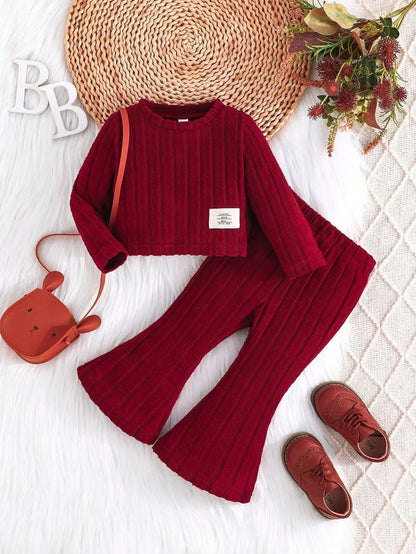 Girls Ribbed Two-Piece Outfit – Cropped Top & Flared Pants