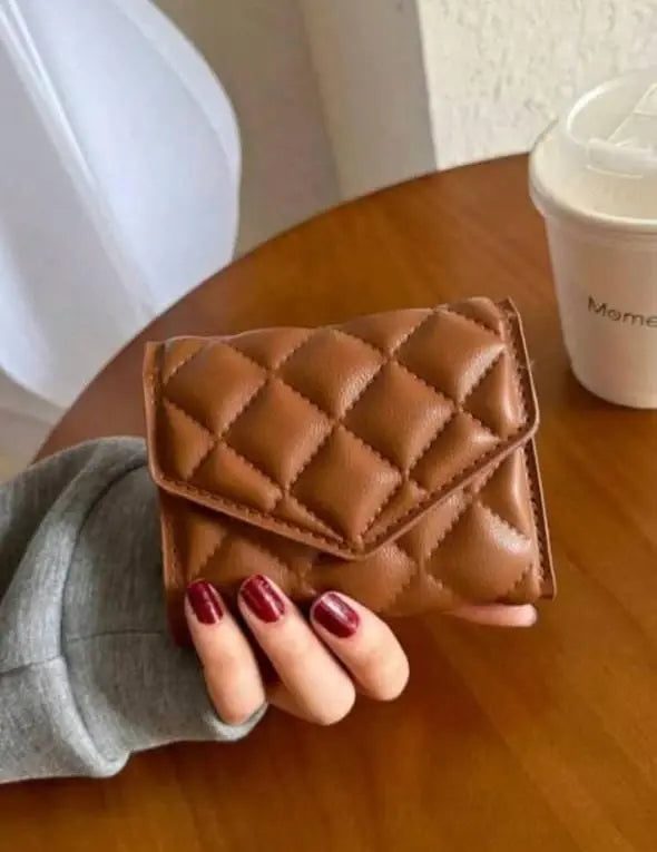 Quilted Brown Mini Wallet with Snap Closure