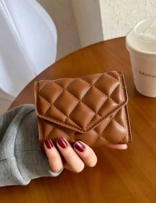 Quilted Brown Mini Wallet with Snap Closure