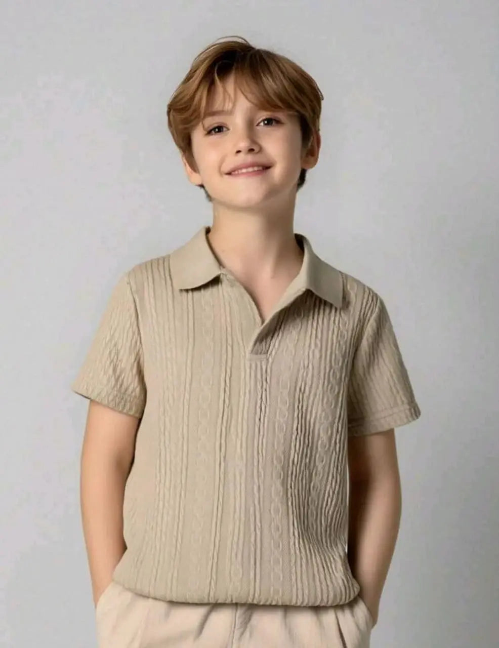 Kids Beige Knit Polo Shirt – Short Sleeve Casual Top