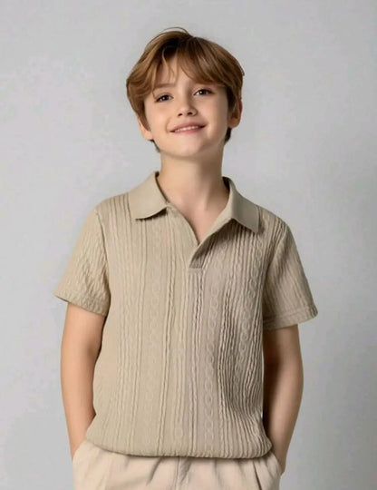 Kids Beige Knit Polo Shirt – Short Sleeve Casual Top