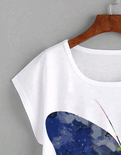 Women’s White Casual T-Shirt – Colorful Butterfly Print – Soft Cotton
