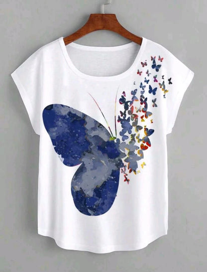 Women’s White Casual T-Shirt – Colorful Butterfly Print – Soft Cotton