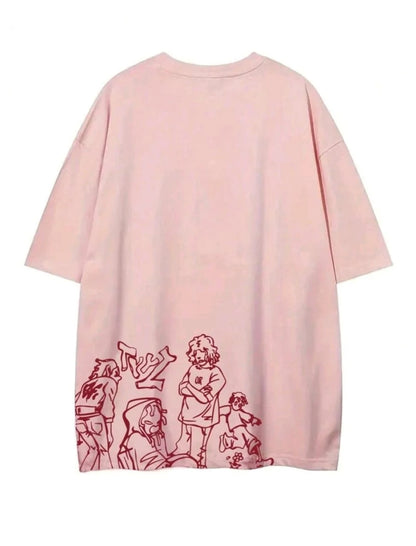 Oversized Girls' T-Shirt – Pink with Bold Cartoon Street Print – Soft Cotton & C