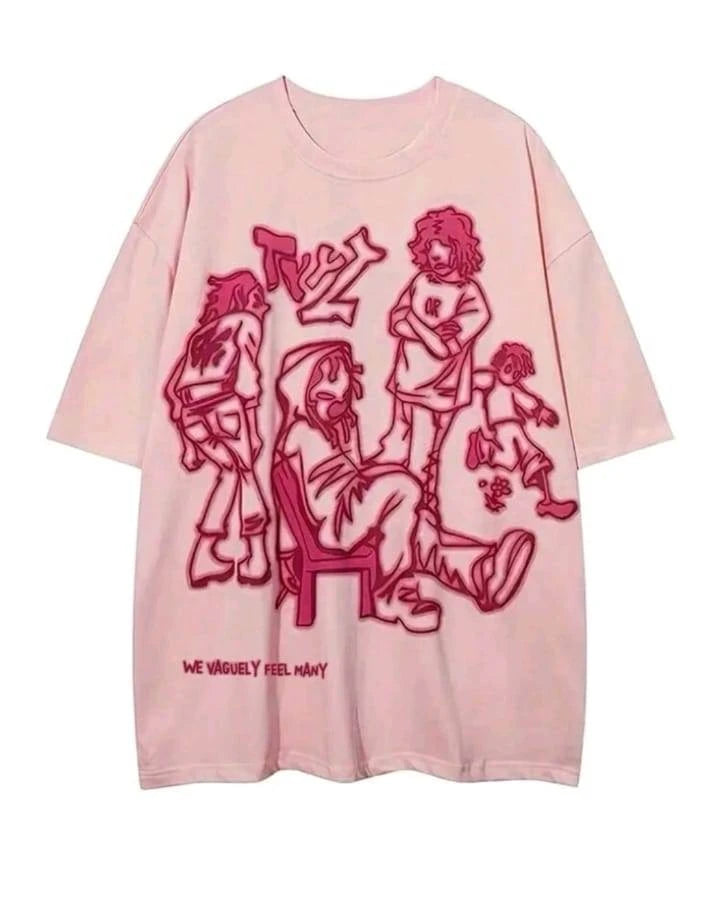 Oversized Girls' T-Shirt – Pink with Bold Cartoon Street Print – Soft Cotton & C