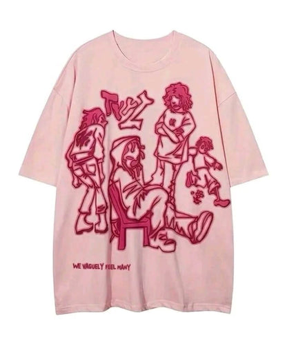 Oversized Girls' T-Shirt – Pink with Bold Cartoon Street Print – Soft Cotton & C