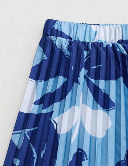 Women's Pleated Floral Skirt – Flowing A-line Design in Blue Shades