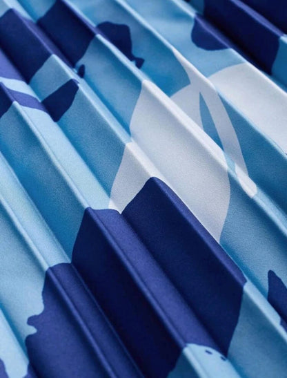 Women's Pleated Floral Skirt – Flowing A-line Design in Blue Shades