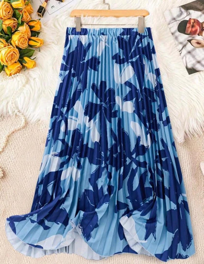 Women's Pleated Floral Skirt – Flowing A-line Design in Blue Shades
