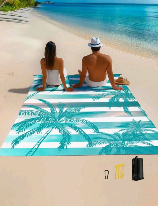 Large Sand-Proof Beach Blanket – Foldable with Bag & Stakes – Tropical Palm De