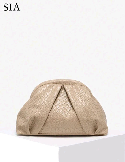 حقيبة يد صغيرة من الجلد الصناعي المحكم من SIA - تصميم أمامي مطوي - لون بيج محايد