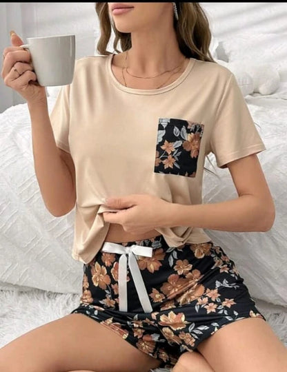 Women Two-Piece Homewear Set – T-Shirt & Floral Shorts