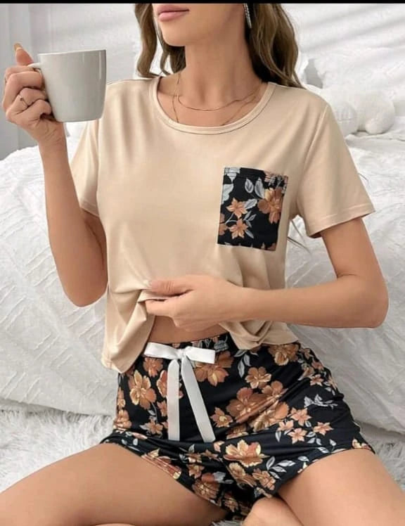 Women Two-Piece Homewear Set – T-Shirt & Floral Shorts