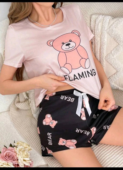 Women Two-Piece Homewear Set – Bear Print T-Shirt & Shorts