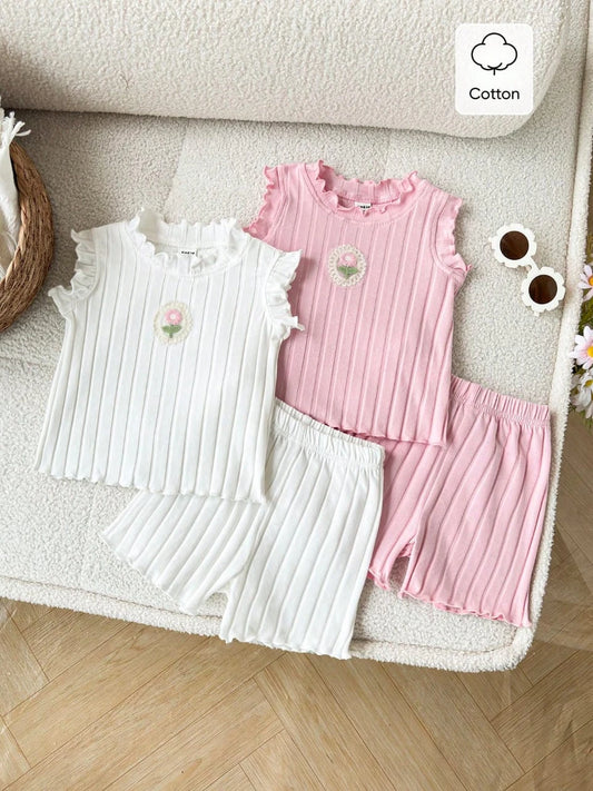 طقم بناتي قطعتين قطن مضلع – توب بدون أكمام + شورت
