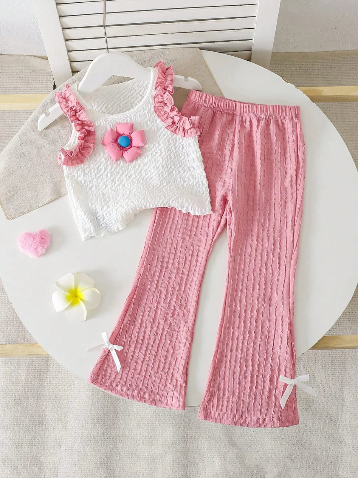 Girls Cotton Two-Piece Set – Ruffle Sleeveless Top & Wide Pants