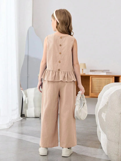 Girls Linen Two-Piece Set – Sleeveless Ruffle Top & Wide Pants