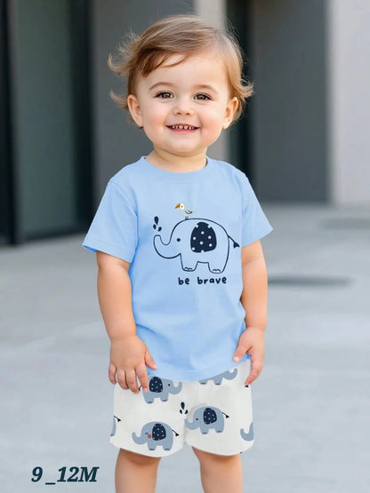 طقم تيشيرت وشورت صيفي للأولاد الصغار - بطبعة فيل لطيفة - قطن ناعم
