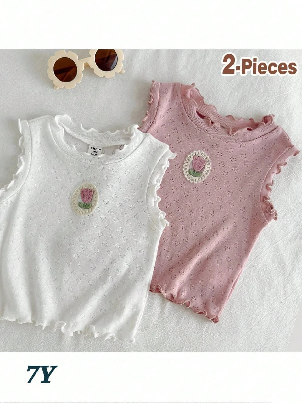 طقم بلوزات بدون أكمام للبنات - قطعتان - تصميم مطرز بالزهور