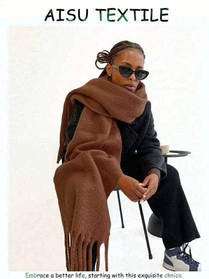 وشاح شتوي طويل من الصوف للنساء - بني