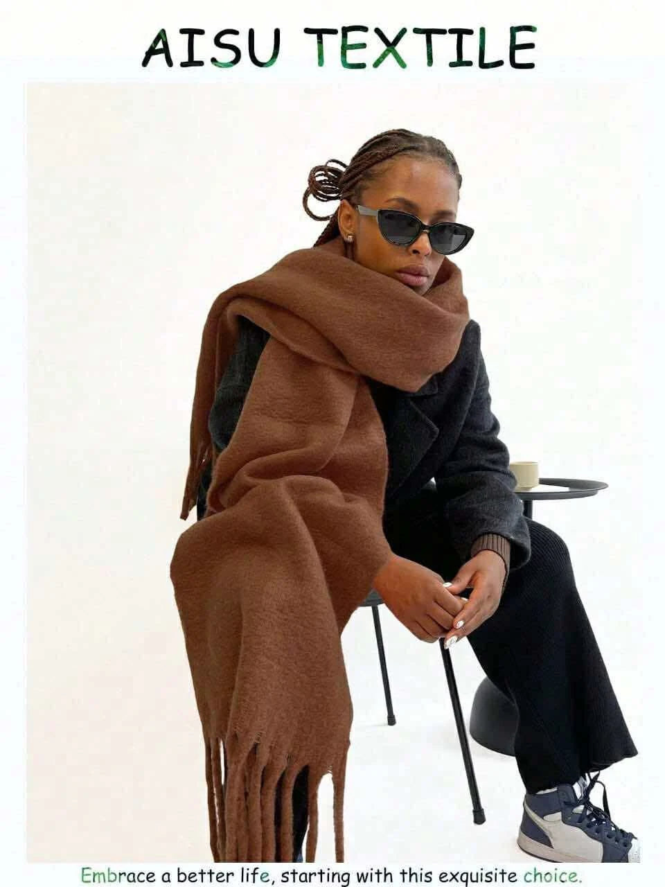 وشاح شتوي طويل من الصوف للنساء - بني