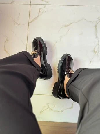 Women’s Chunky Loafers – Chain Detail Faux Leather (Black)