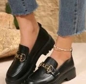 Women’s Chunky Loafers – Chain Detail Faux Leather (Black)