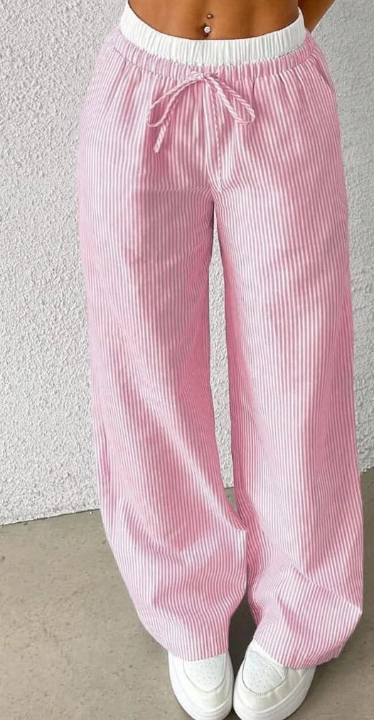 Pink Striped Wide Leg Pants with Drawstring Waist