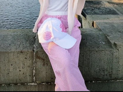 Pink Striped Wide Leg Pants with Drawstring Waist
