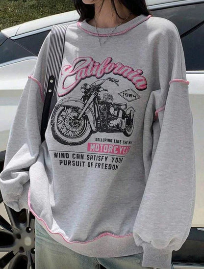 Women Oversized Sweatshirt with California Motorcycle Print – Grey