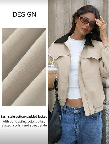 جاكيت نسائي مبطن بتصميم ريفي مع ياقة بلون مغاير - بيج