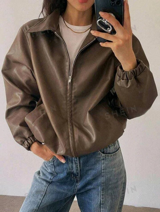 Women Faux Leather Jacket with Front Zipper – Brown