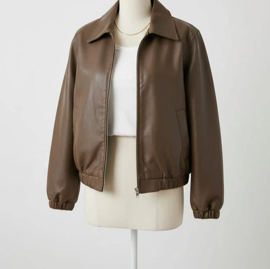 Women Faux Leather Jacket with Front Zipper – Brown