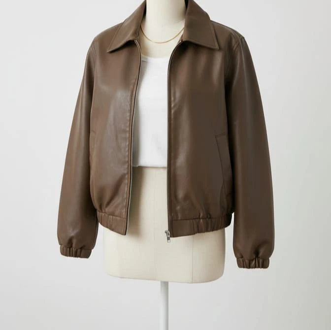 Women Faux Leather Jacket with Front Zipper – Brown