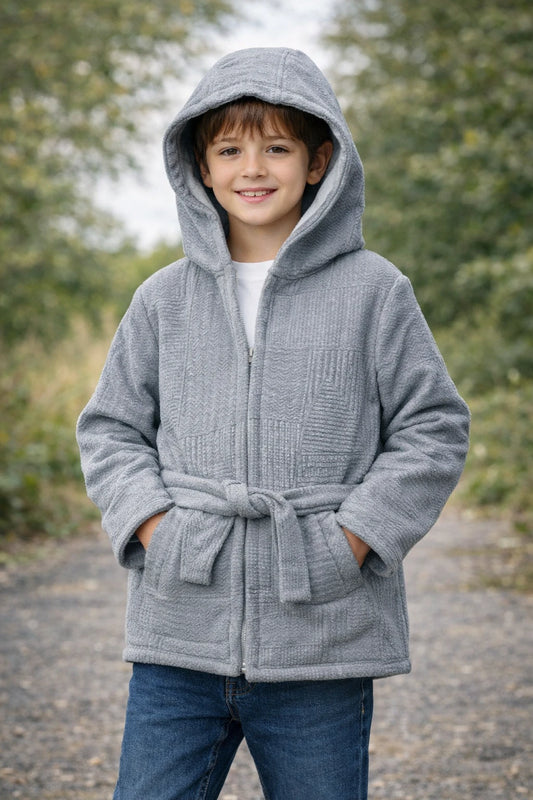 جاكيت شتوي للأطفال بغطاء للرأس - قماش ناعم برباط أمامي
