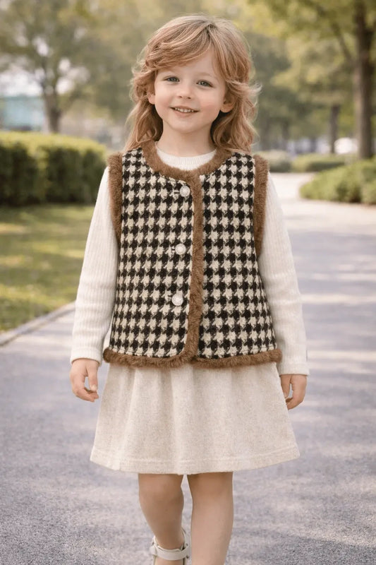 صدرية بدون أكمام للبنات من شي إن - بنقشة مربعات صغيرة مع حواف من الفرو - توصيل سريع