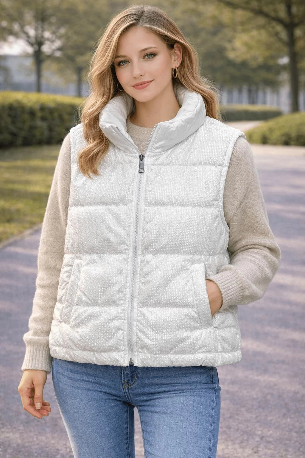 Women’s Padded Sleeveless Vest – White Winter Gilet