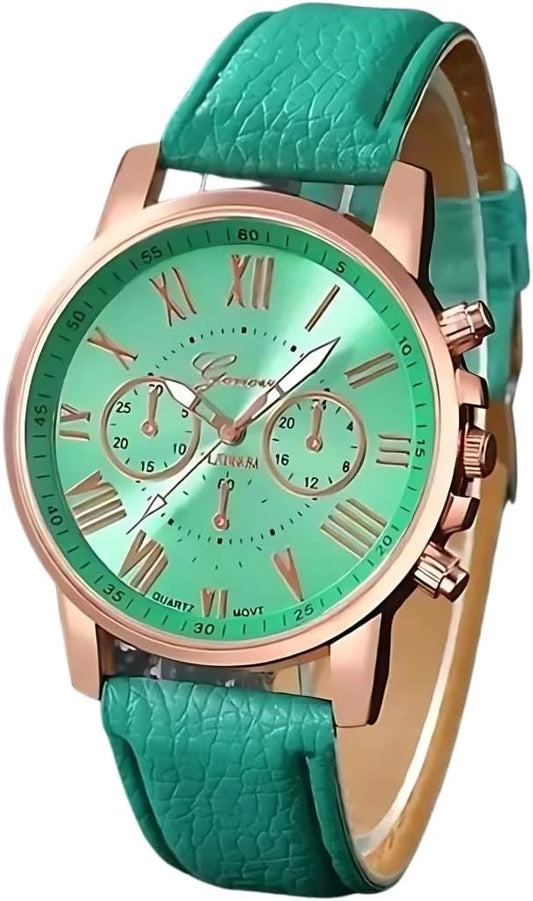 ساعة نسائية بمينا أخضر وعلبة من الذهب الوردي