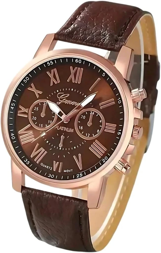 ساعة نسائية بسوار بني ومينا بني داكن وعلبة ذهبية وردية