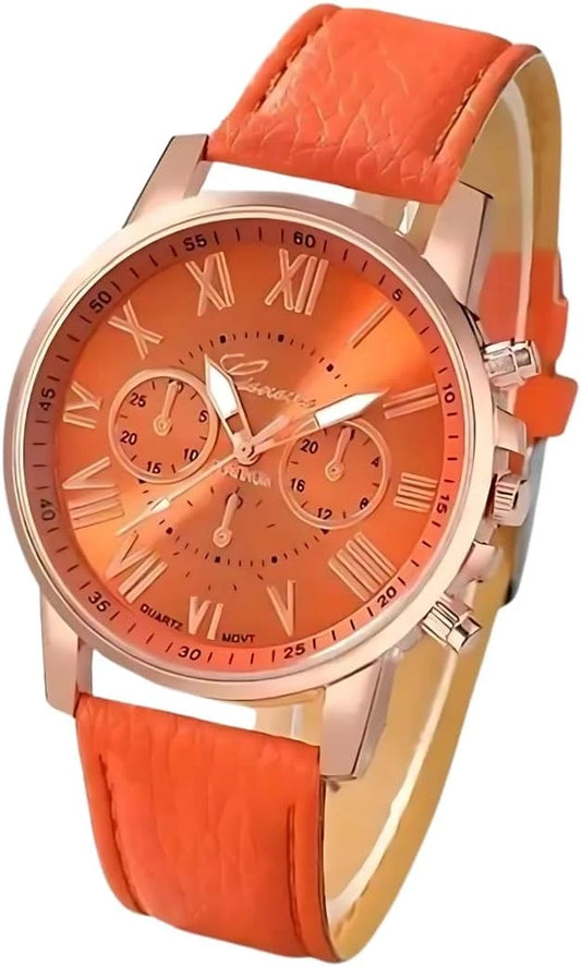 ساعة نسائية بسوار برتقالي ومينا برتقالي وعلبة ذهبية وردية