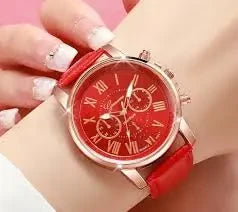 ساعة نسائية بحزام أحمر ومينا أحمر وعلبة من الذهب الوردي