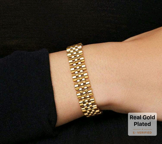 سوار شبكي من الفولاذ المقاوم للصدأ مطلي بالذهب عيار 18 قيراطًا – سوار سلسلة فاخر نسائي