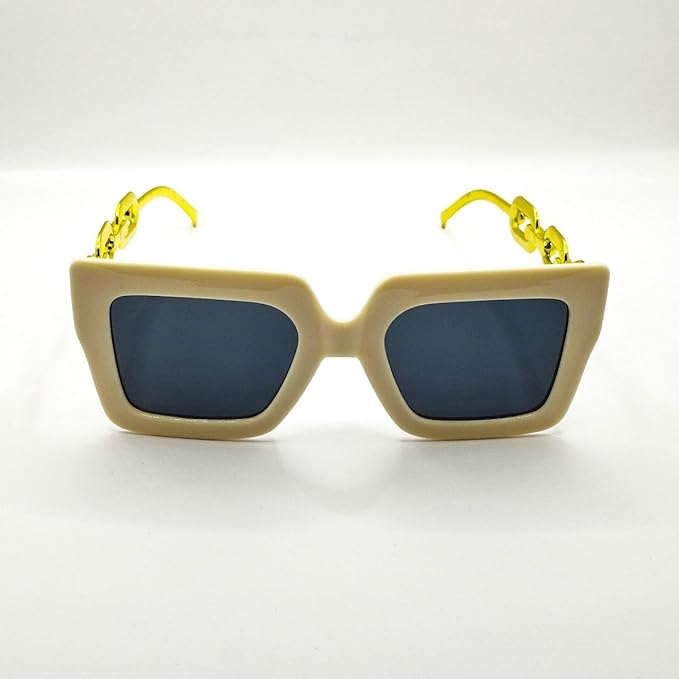 Beige Square Sunglasses with Gold Chain Arms – Trendy Statement Style