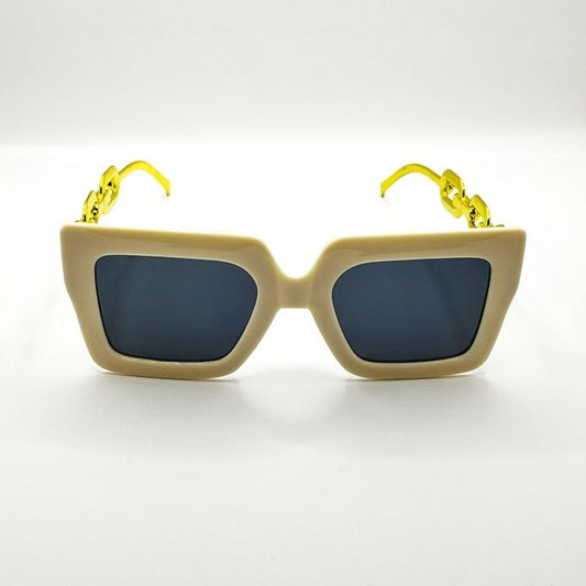 Beige Square Sunglasses with Gold Chain Arms – Trendy Statement Style