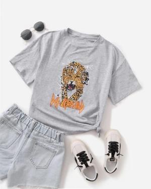 Leopard Print Casual T-Shirt – Grey